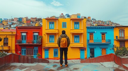 man against the background of colored houses - obrazy, fototapety, plakaty