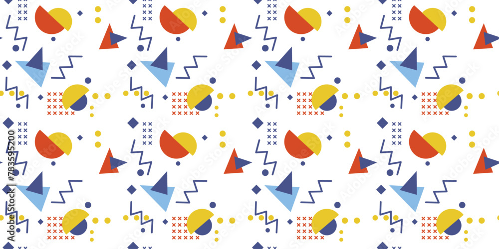 Poster Repeating Memphis pattern. Geometric shapes, texture of repeating elements.