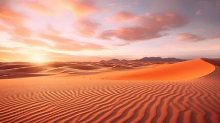 A sandy desert landscape with ripples in the sand created by the wind, stretching out towards the horizon - obrazy, fototapety, plakaty