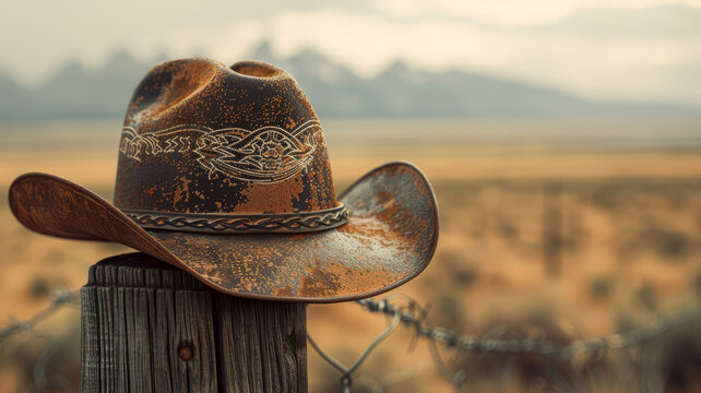 A cowboy hat on a fence post in the desert