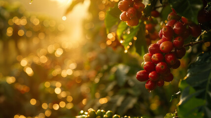 A coffee plant with ripe berries at sunrise - obrazy, fototapety, plakaty