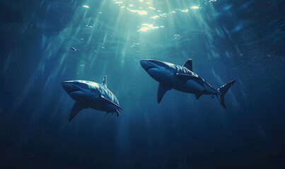 Fototapeta premium sharks swimming in the deep blue sea, Generative AI