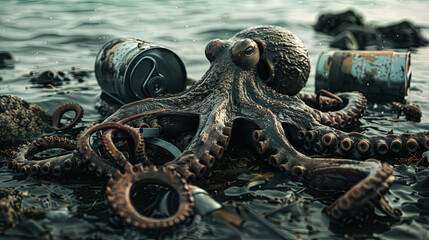 Octopus at the bottom of the underwater world and an iron can, environmental pollution concept