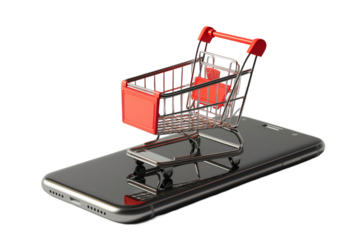 Empty shopping cart and mobile phone on transparent background
