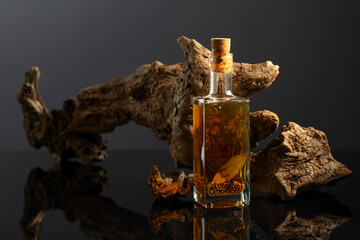 Bottle of spicy oil and olive tree snag on a black background. - 783597037