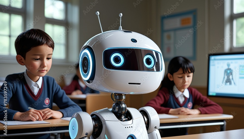 Poster a robot sits attentively among young students in a classroom, an image representing the integration 