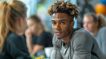 Young man conversing in a cafeteria