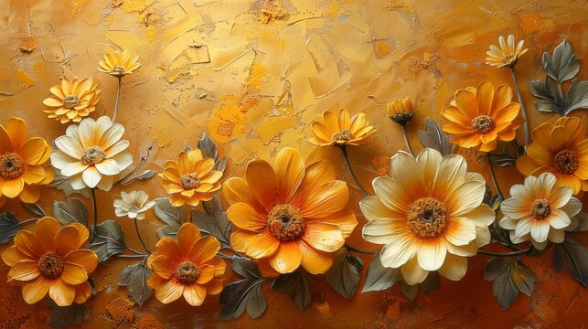 Daisies flowers and leaves. Oil paintings of abstract. Sprinkled paint on smooth paper, giving the paper a golden texture.