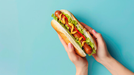 Woman hand holding delicious hot dog , on pastel blue background