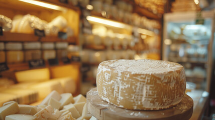 A cheese wheel and pieces in a shop