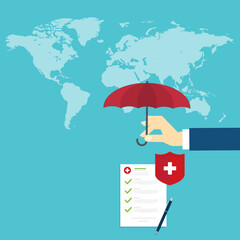 Medical healthcare insurance. Red shield on patient protection policy and pen on a world map background. International health insurance concept.	