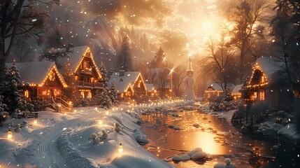 A snowy Merry Christmas background with a picturesque village covered in twinkling lights, snowmen, and a frozen pond for ice skating - obrazy, fototapety, plakaty