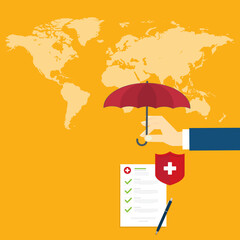 Medical healthcare insurance. Red shield on patient protection policy and pen on a world map background. International health insurance concept.	
