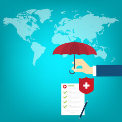 Medical healthcare insurance. Red shield on patient protection policy and pen on a world map background. International health insurance concept.	