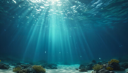 Fototapeta premium A mesmerizing underwater world in the ocean, depicted with thick layers of paint to capture the vibrant marine life and intricate details of the submerged landscape. The scene offers a glimpse into a 