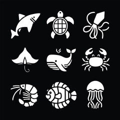 A set of nine icon illustration of a unique animal concept.  shark, turtle, squid, Stingray, whale, crab, shrimp, clown fish, jellyfish. Set collection of animals Icons. Simple line art style icons pa