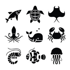 A set of nine icon illustration of a unique animal concept.  shark, turtle, squid, Stingray, whale, crab, shrimp, clown fish, jellyfish. Set collection of animals Icons. Simple line art style icons pa