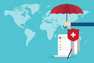 Medical healthcare insurance. Red shield on patient protection policy and pen on a world map background. International health insurance concept.	