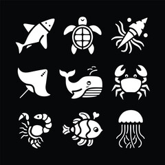 A set of nine icon illustration of a unique animal concept.  shark, turtle, squid, Stingray, whale, crab, shrimp, clown fish, jellyfish. Set collection of animals Icons. Simple line art style icons pa