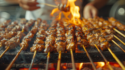 People grilling meat on open fire - obrazy, fototapety, plakaty