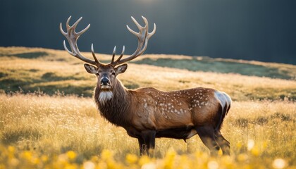 A majestic elk stands proudly in a golden meadow, with a radiant backdrop of soft sunlight...