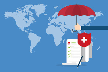 Medical healthcare insurance. Red shield on patient protection policy and pen on a world map background. International health insurance concept.	
