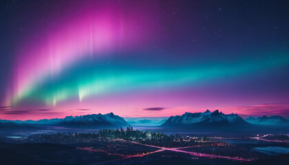 Purple aurora borealis in the sky. Generative AI.

