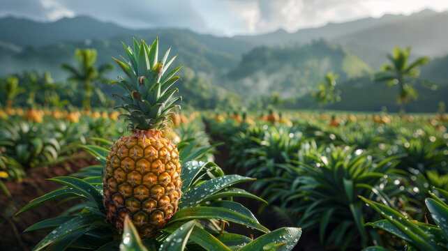 Ripe pineapple in a farm setting