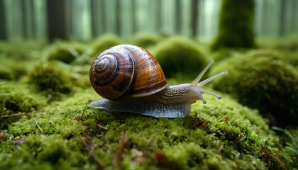 A vivid portrayal of a snail, illustrated with thick layers of paint to capture its glistening shell, slimy trail, and gentle movement. The scene emphasizes the snail&rsquo;s delicate features and natural s
