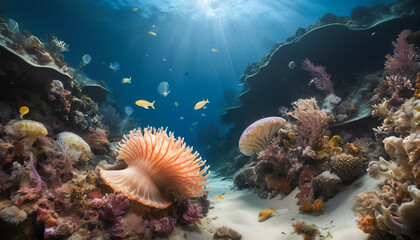 Naklejka na ściany i meble Coral reef in the depths of the sea. Generative AI.