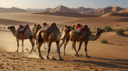 Camel caravan in the desert. Background with selective focus.human enhanced.generative.ai