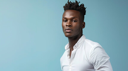 Obraz premium Stylish young african male model on pastel blue background