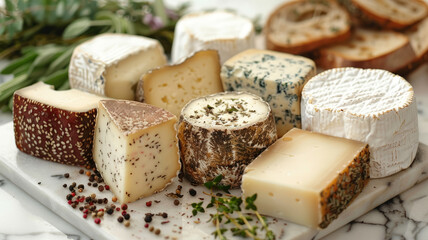 Assorted cheeses on marble with spices.
