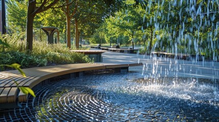 As you enter the public park you are greeted by the serene sound of water flowing through a network of fountains and streams. The benches and tables are made from recycled materials .