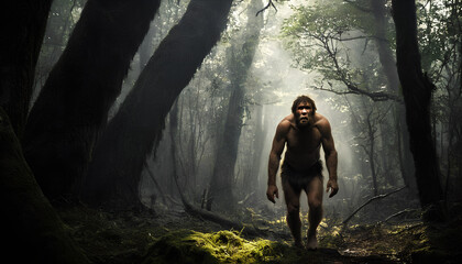 Prehistoric man during a hunt for game. Generative AI.

