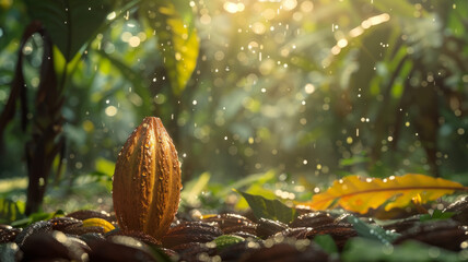 Cacao pod in a tropical setting