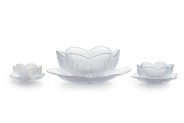 Set of  Crystal bowls with under plates with Anemone Flower design isolated on white background 