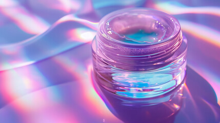 A macro shot of a beauty product with holographic packaging details.