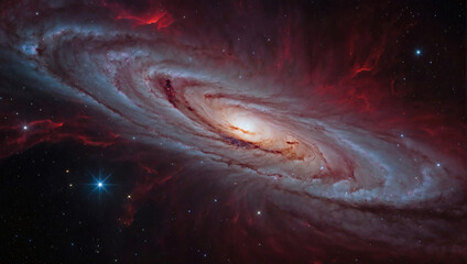 Abstract crimson galaxy sky, ablaze with cosmic energy.