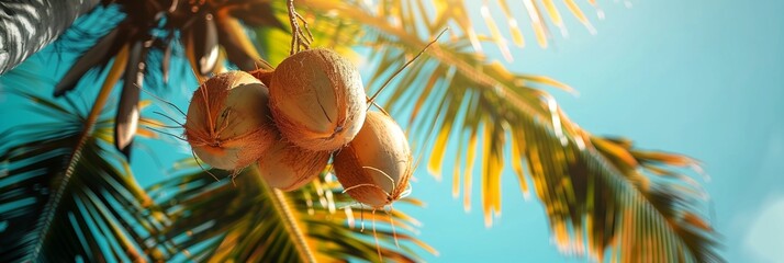 Tropical palm tree and coconuts against the blue sky and bright sun panorama wide view
