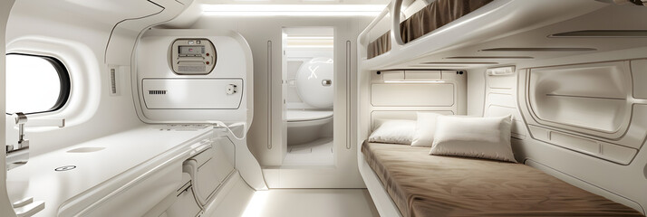 Small spaceship room with bunk bed and kitchen, design of habitat in spacecraft or colony house. Futuristic compartment interior. Concept of space, technology, travel, sci-fi, future