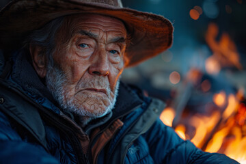 A portrait of an elderly man staring into a campfire, where the flames subtly shape into scenes from