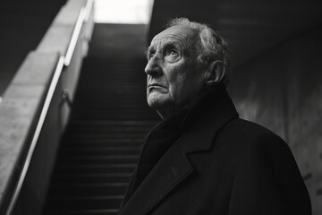 A portrait of an older man at the top of a flight of stairs, pausing to catch his breath, the stairc