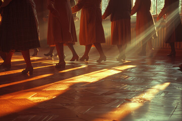 A scene of an elderly group at a dance class, where each step releases soft light from their feet, t