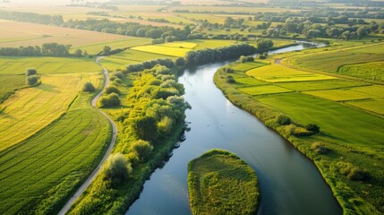 A quintessential countryside scene with a peaceful river running through a picturesque landscape of neatly divided fields abundant wildlife and traditional farmhouses symbolizing the .