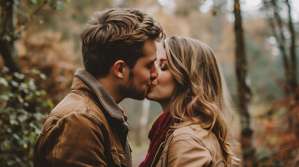 Obraz premium Young couple in love kissing in autumn forest. Young man and woman embracing in nature.