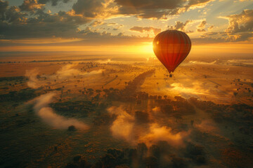An elderly adventurer hot air ballooning over the Serengeti, the landscapes below narrating tales of