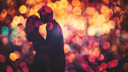 Silhouette of loving couple on bokeh background. Valentine's day