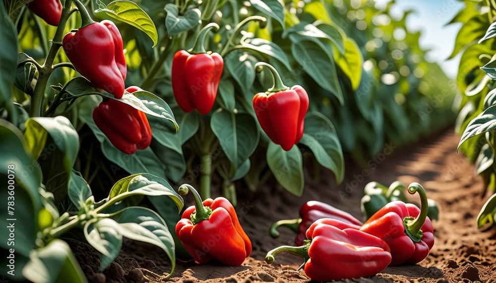 Poster a vivid display of shiny red bell peppers growing in neat rows on a farm, with several peppers harve