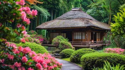 Fototapeta na wymiar A traditional Japanese tea house with a rustic thatched roof surrounded by a sea of vibrant flowers and towering bamboo creating a . .
